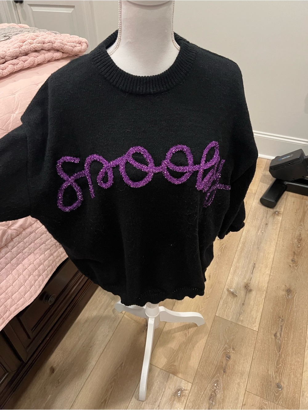 Black Crewneck Sweater with Purple Glitter Script